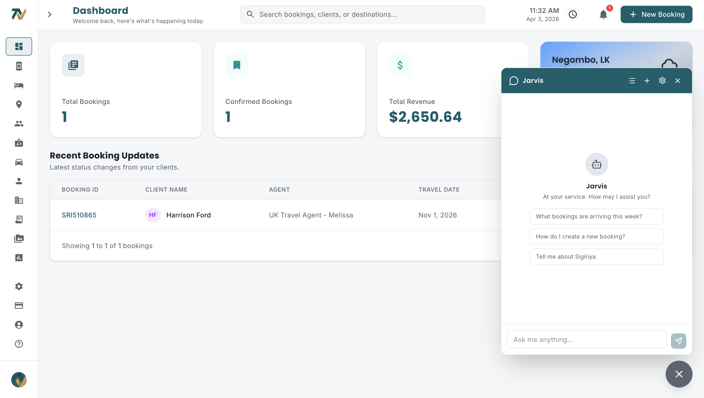 Travify AI chat assistant Jarvis on the dashboard