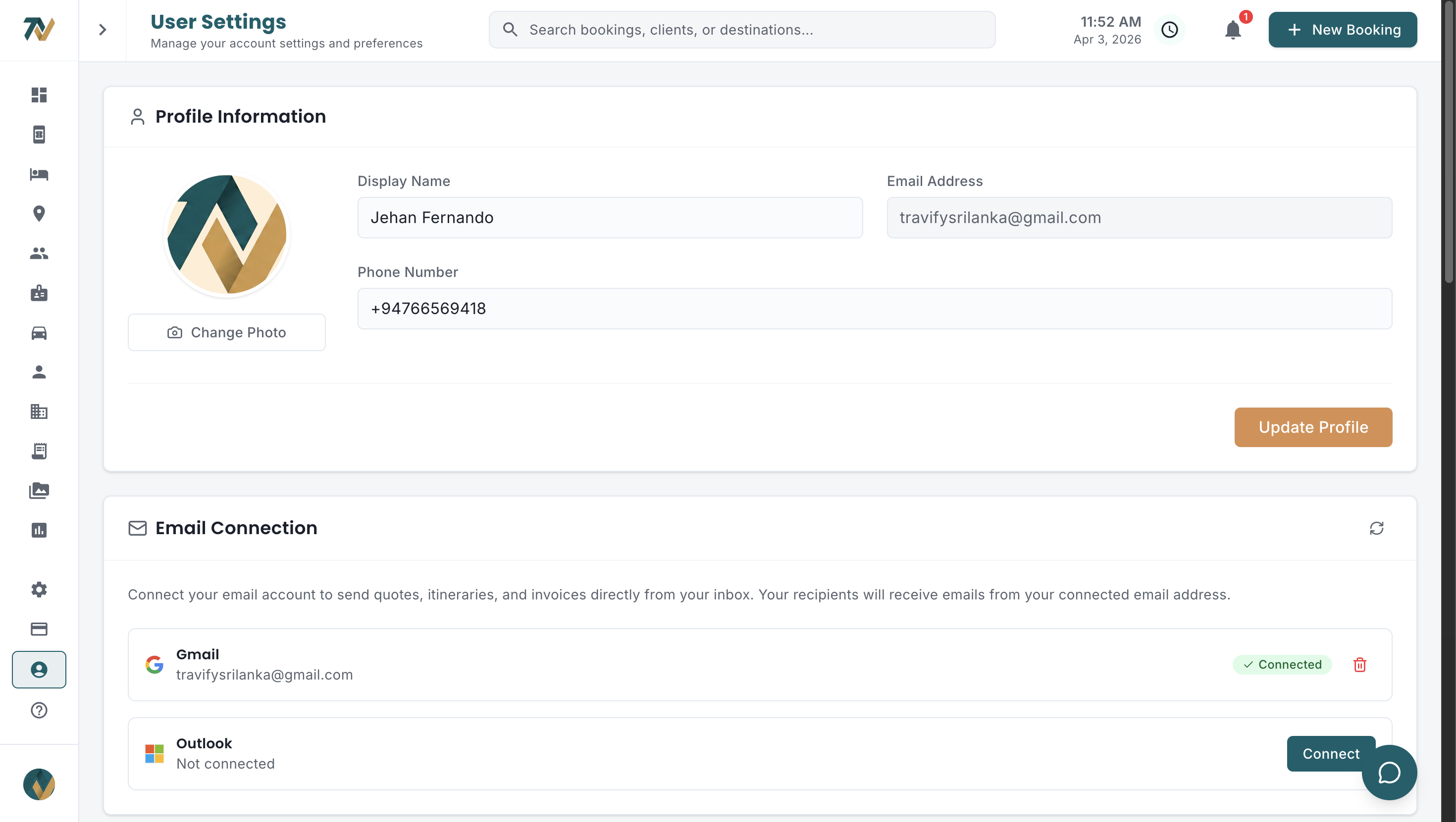 Travify user settings with email connection