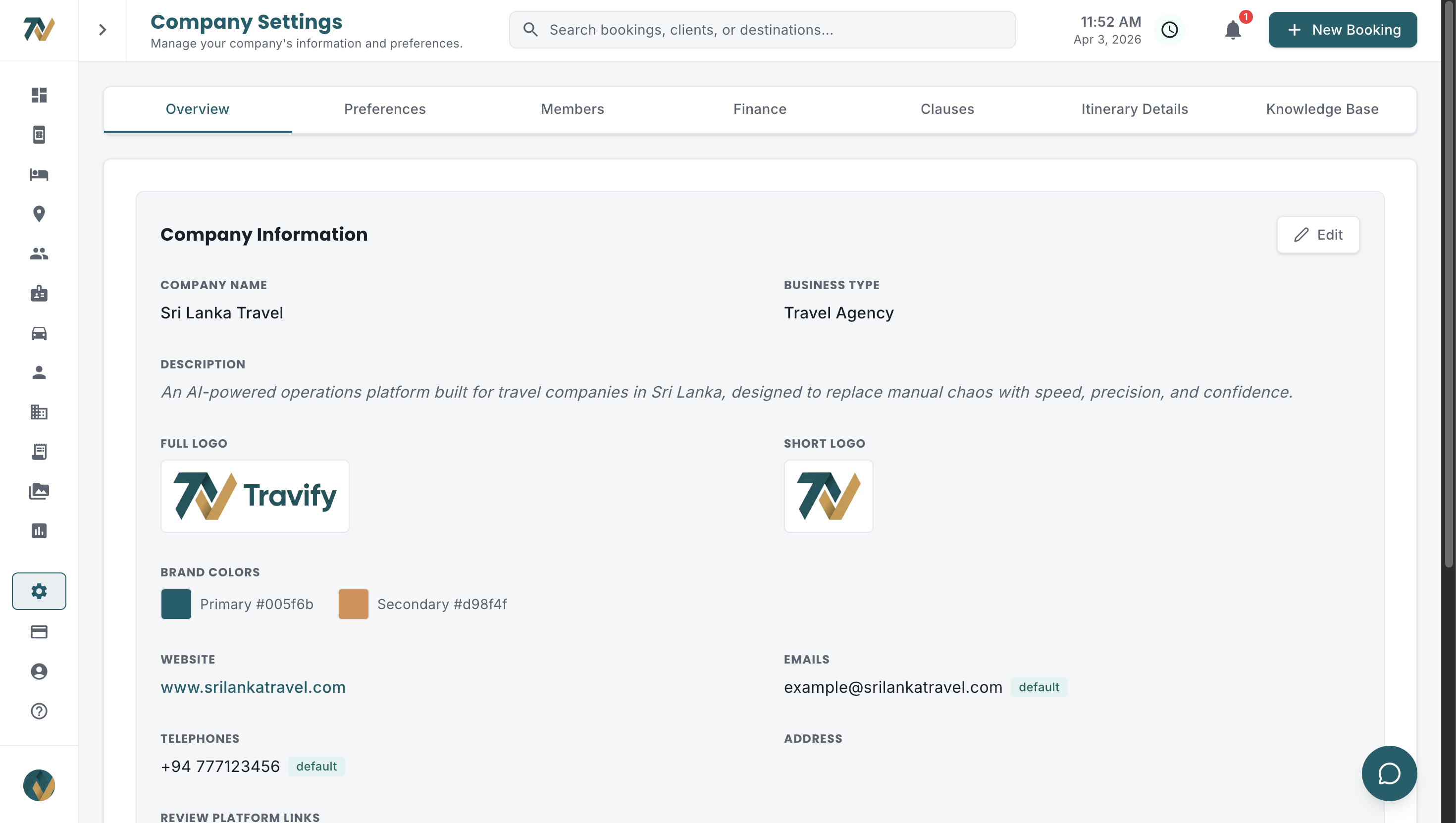 Travify company settings with branding and details