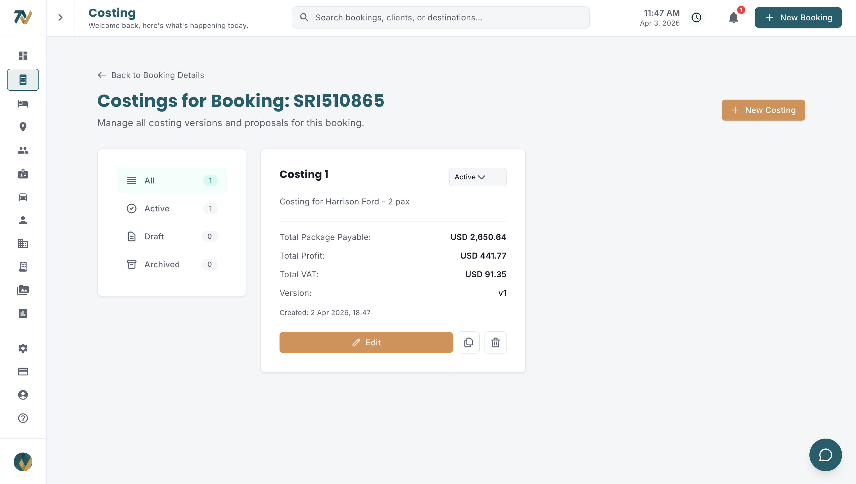 Travify tour costing step 1 — transport and guide configuration