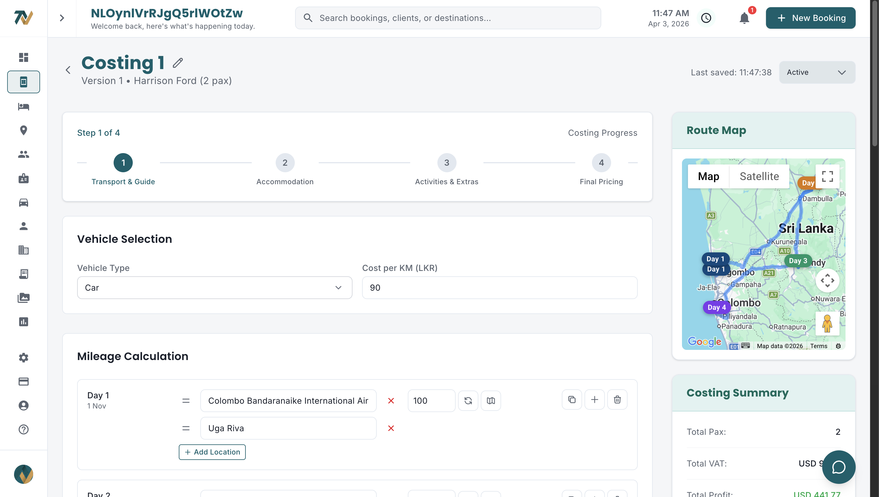 Travify tour costing step 2 — mileage calculation with route map