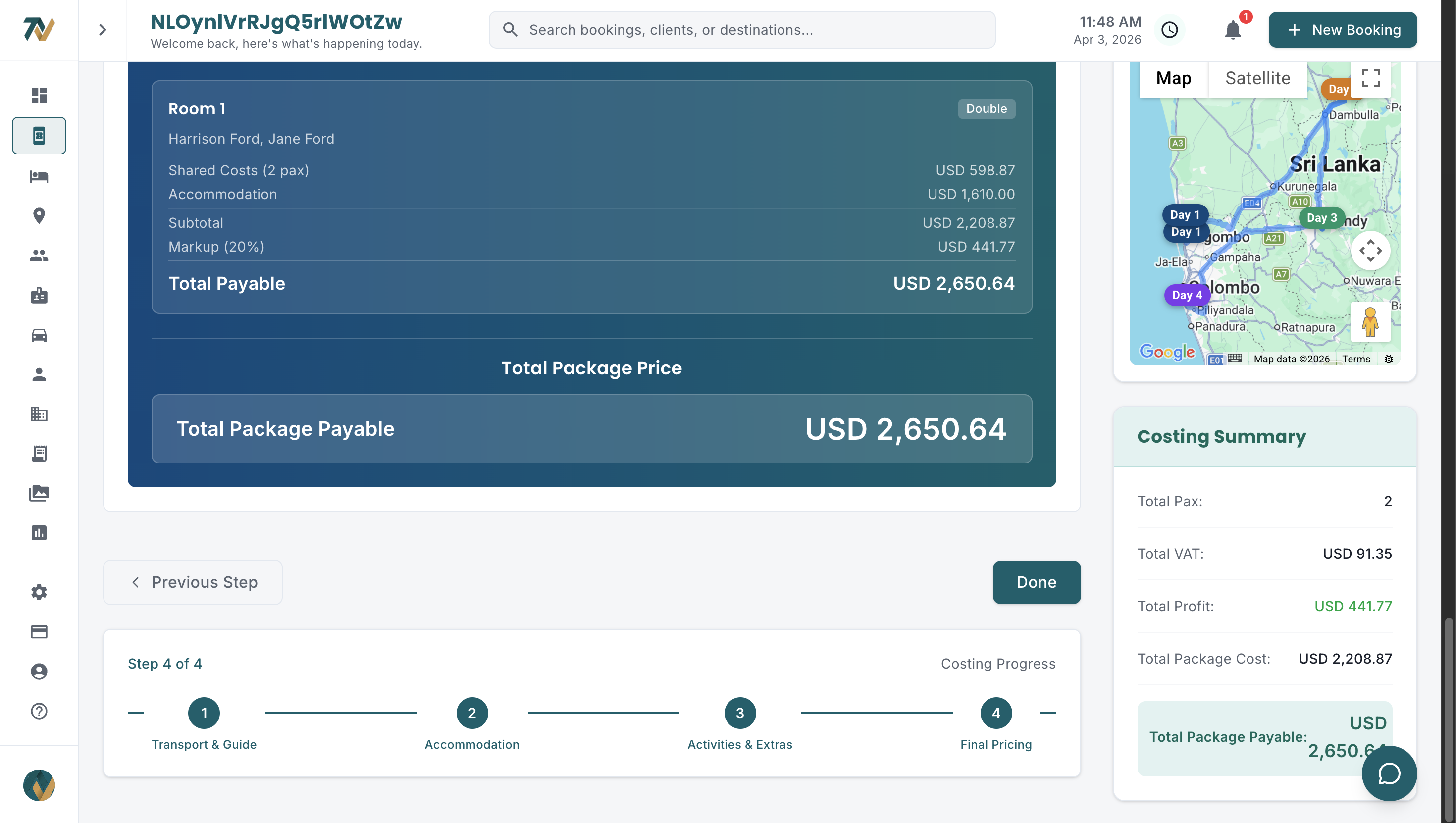 Travify tour costing step 3 — accommodation and pricing breakdown