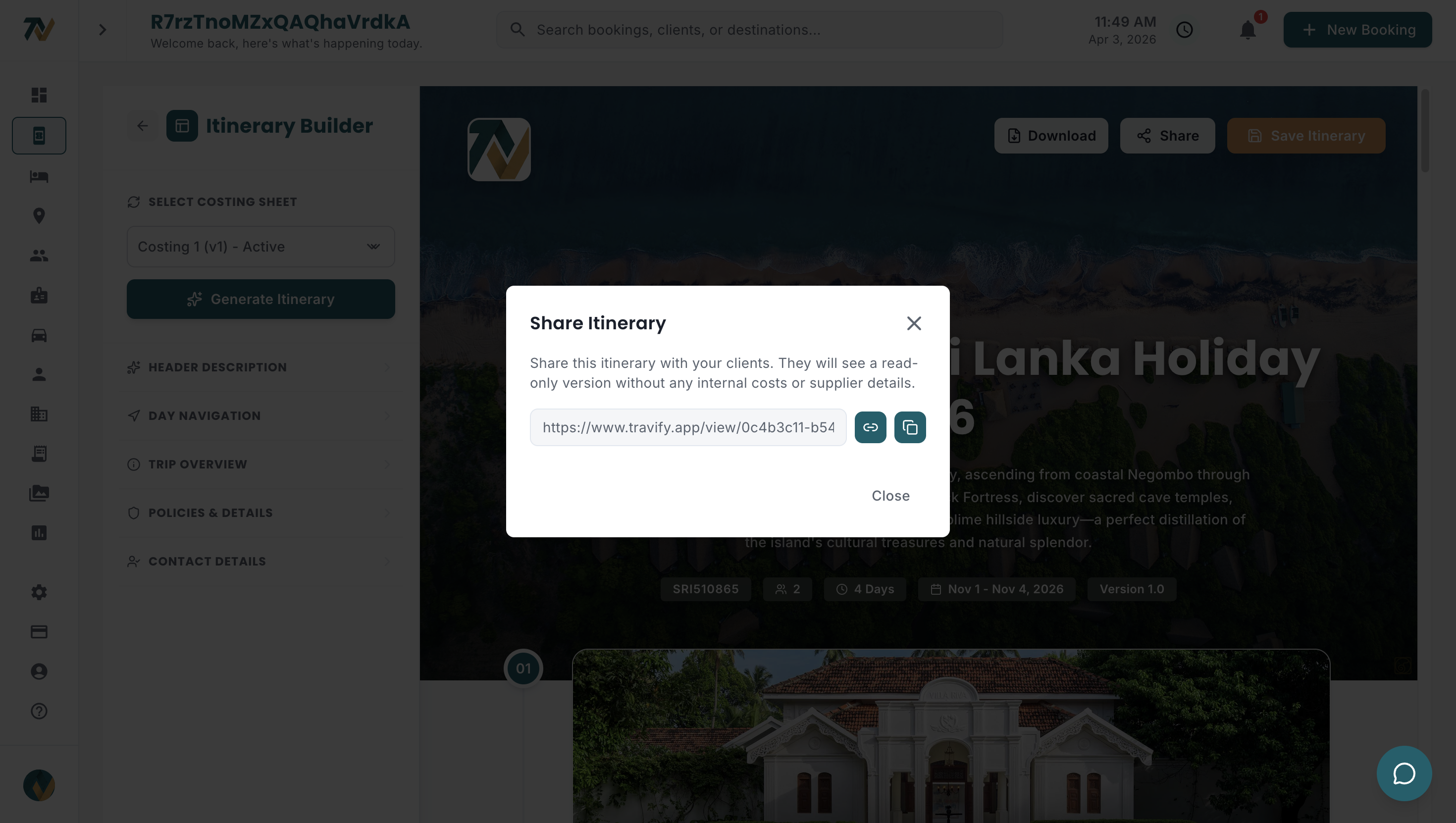 Travify itinerary share dialog with shareable link