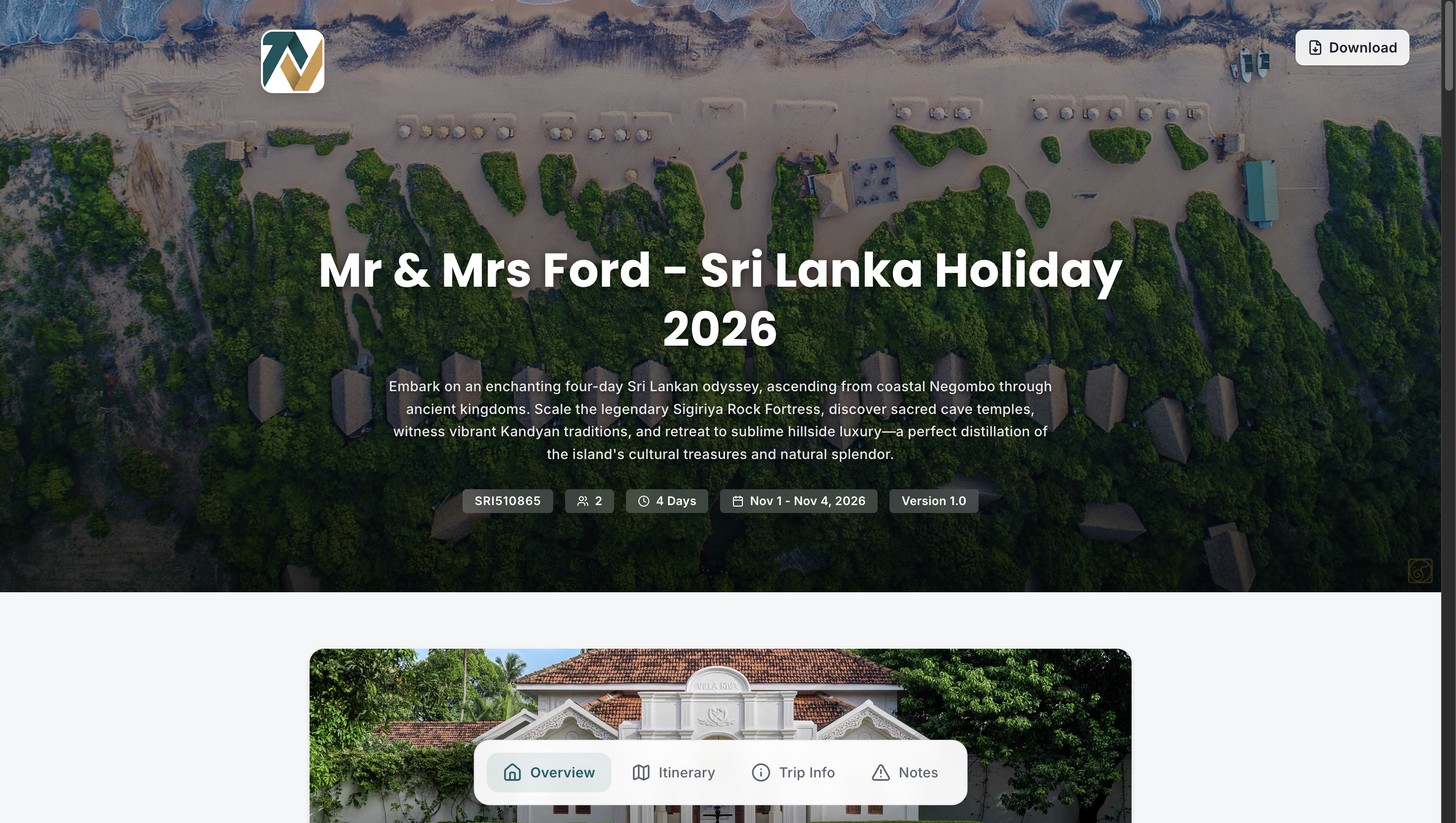 Travify client-facing itinerary view with day navigation