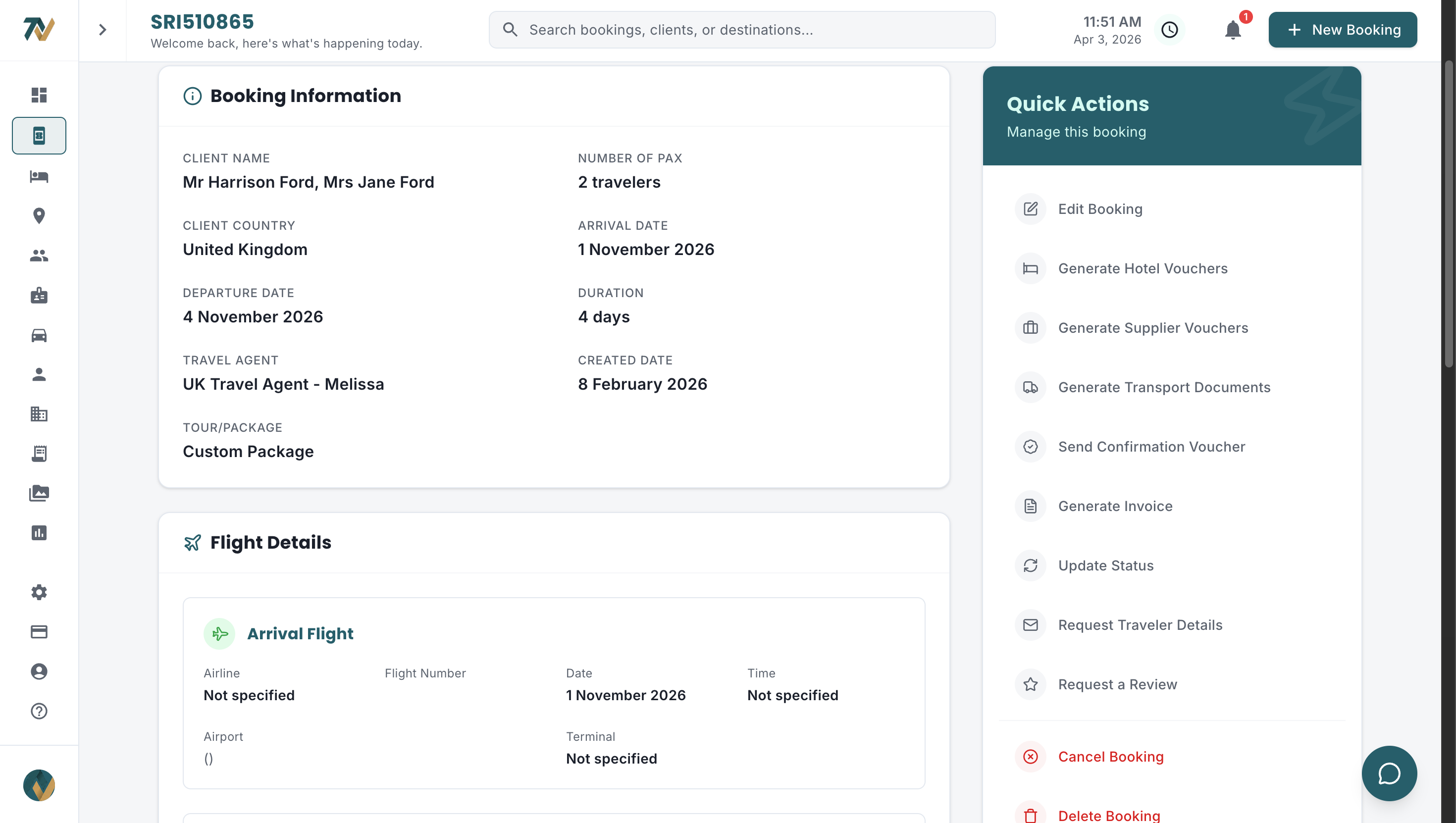 Travify booking quick actions — generate vouchers, invoices, and transport documents